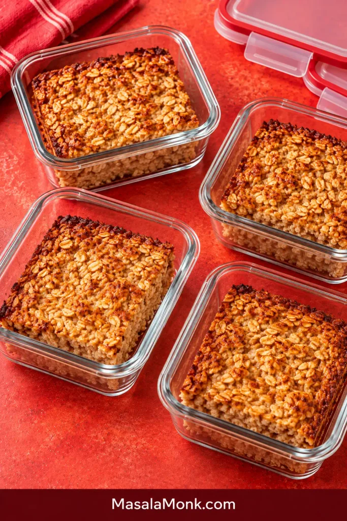 Individual portions of plain baked oatmeal arranged in clear glass meal-prep containers.