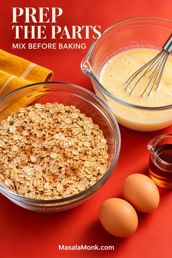 Separate bowls of cinnamon-speckled rolled oats and whisked wet ingredients prepared ahead for baked oatmeal.