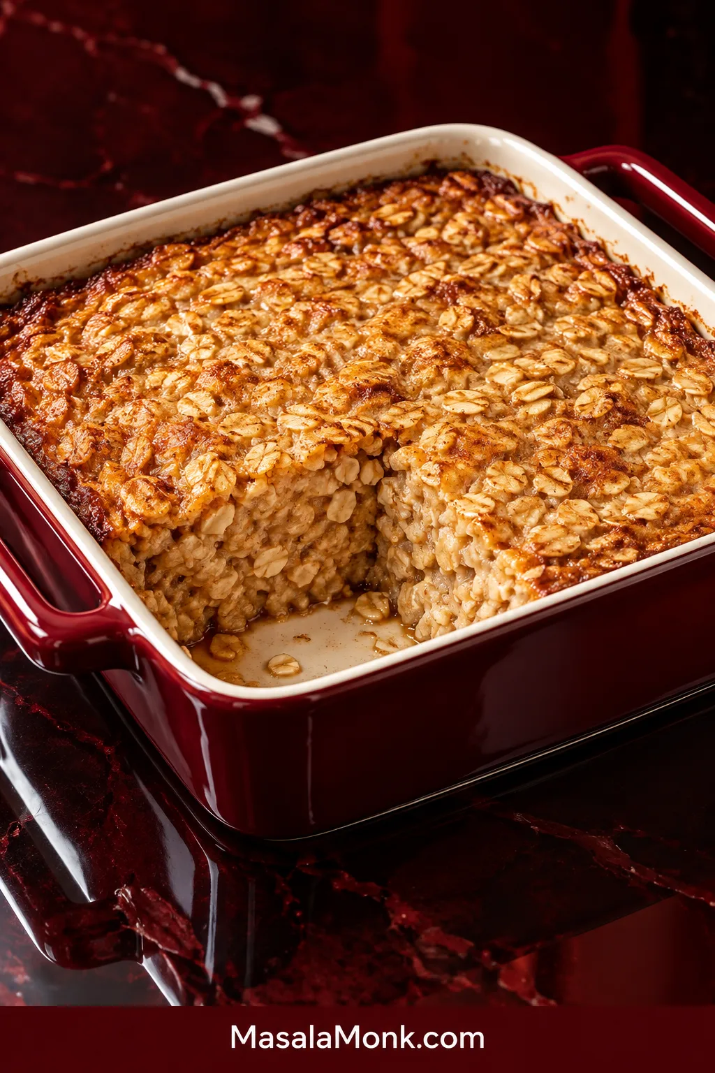 Square baking dish of golden baked oatmeal with one portion removed, showing a moist interior with visible rolled oats and browned edges.