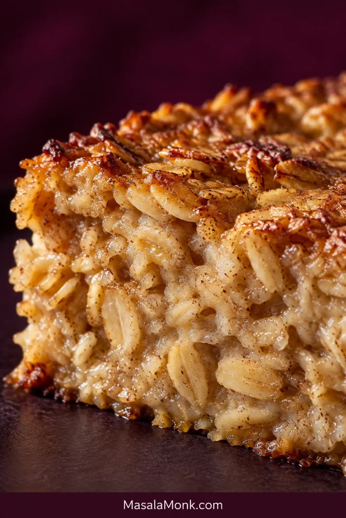 Close-up of baked oatmeal showing individual hydrated oat flakes, a moist tender center and a lightly toasted golden surface.