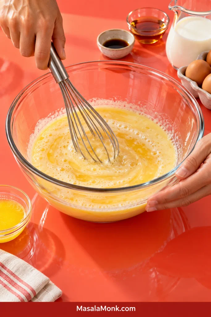 A stainless-steel whisk mixing the pale milk, egg, maple syrup, vanilla and melted butter mixture in a clear glass bowl.