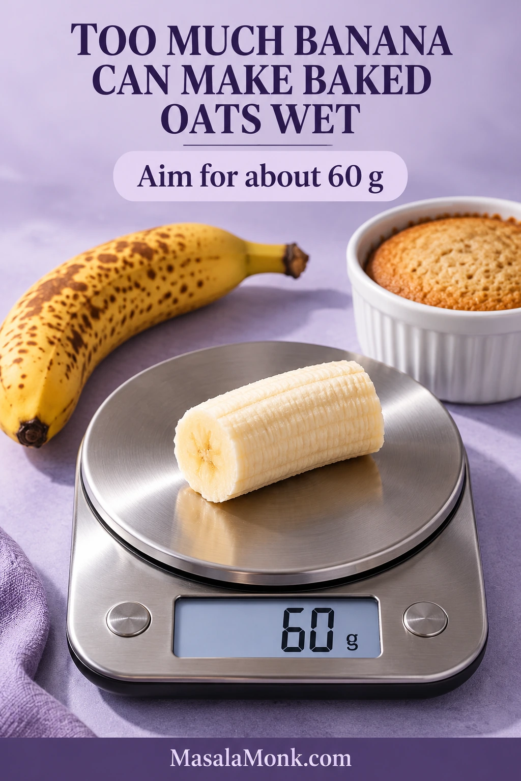 Digital kitchen scale reading 60 g beneath a cut ripe banana portion, with a spotted banana and plain baked oats in the background.