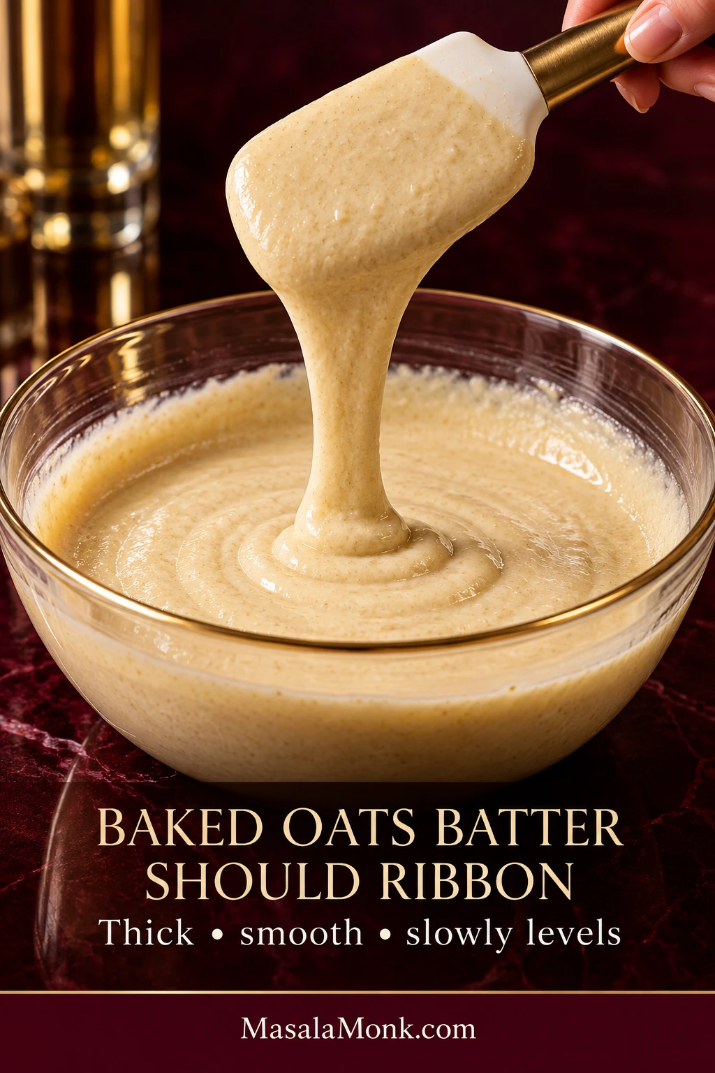 Spatula lifting thick, smooth baked-oats batter in a ribbon above a glass bowl on a deep burgundy studio surface.