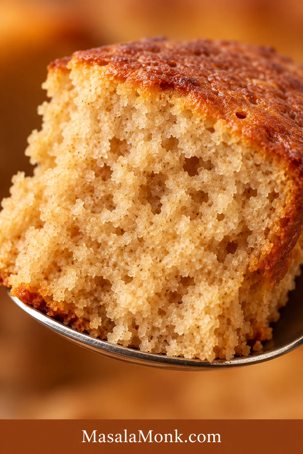 Extreme close-up of a spoonful of baked oats showing fine aerated crumb, small air pockets and a browned top edge.