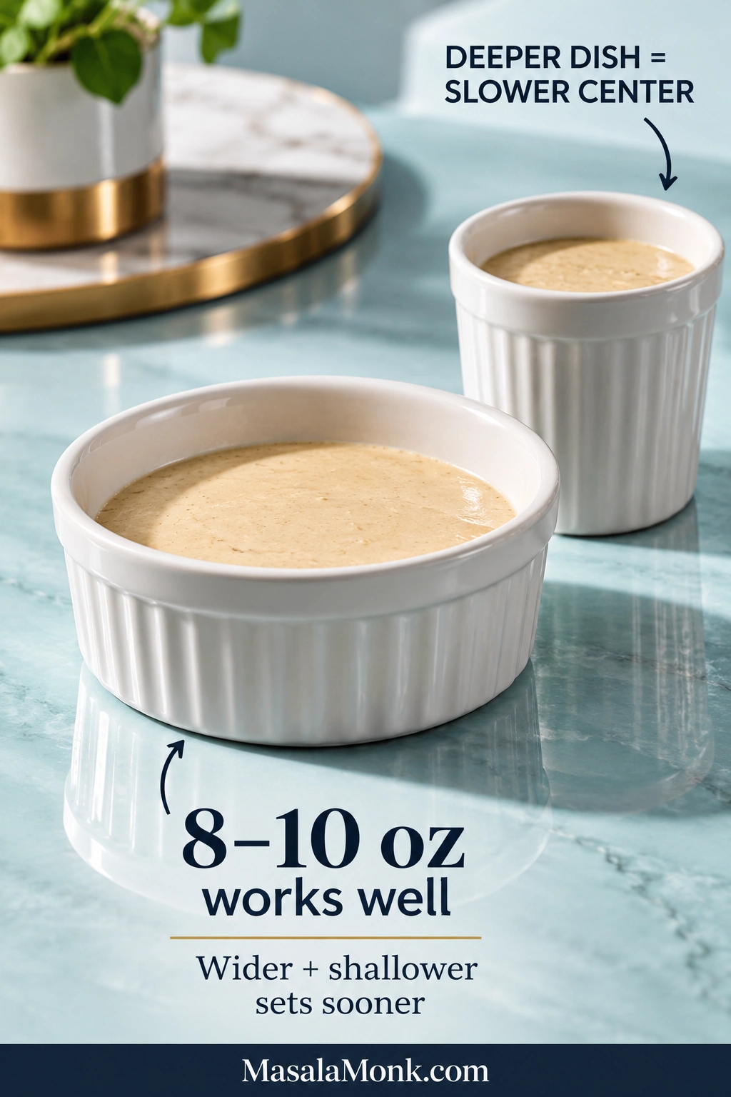 Wide shallow ramekin and taller narrow ramekin filled with smooth baked-oats batter, showing different batter depths and headroom.