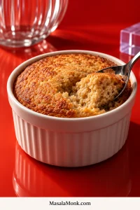 Golden baked oats in a white ramekin on a glossy red set, with a spoon lifting a piece to reveal fine cake-like crumb.