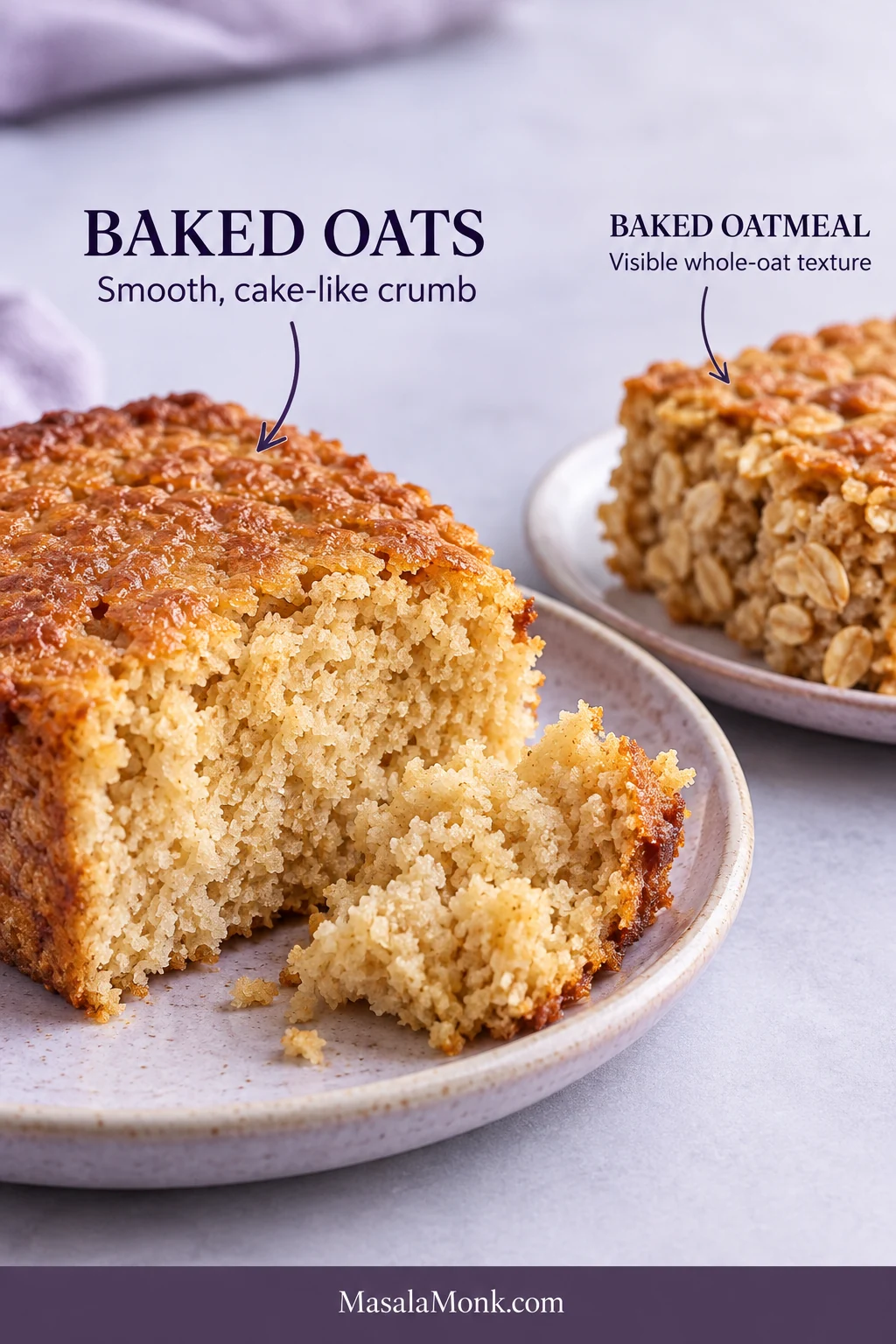 Texture comparison showing fine cake-like baked oats in front and baked oatmeal with clearly visible whole oat flakes behind.