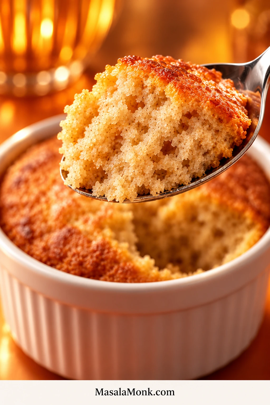 Warm spoonful of plain baked oats held above a white ramekin, showing fine golden cake-like crumb against an amber background.
