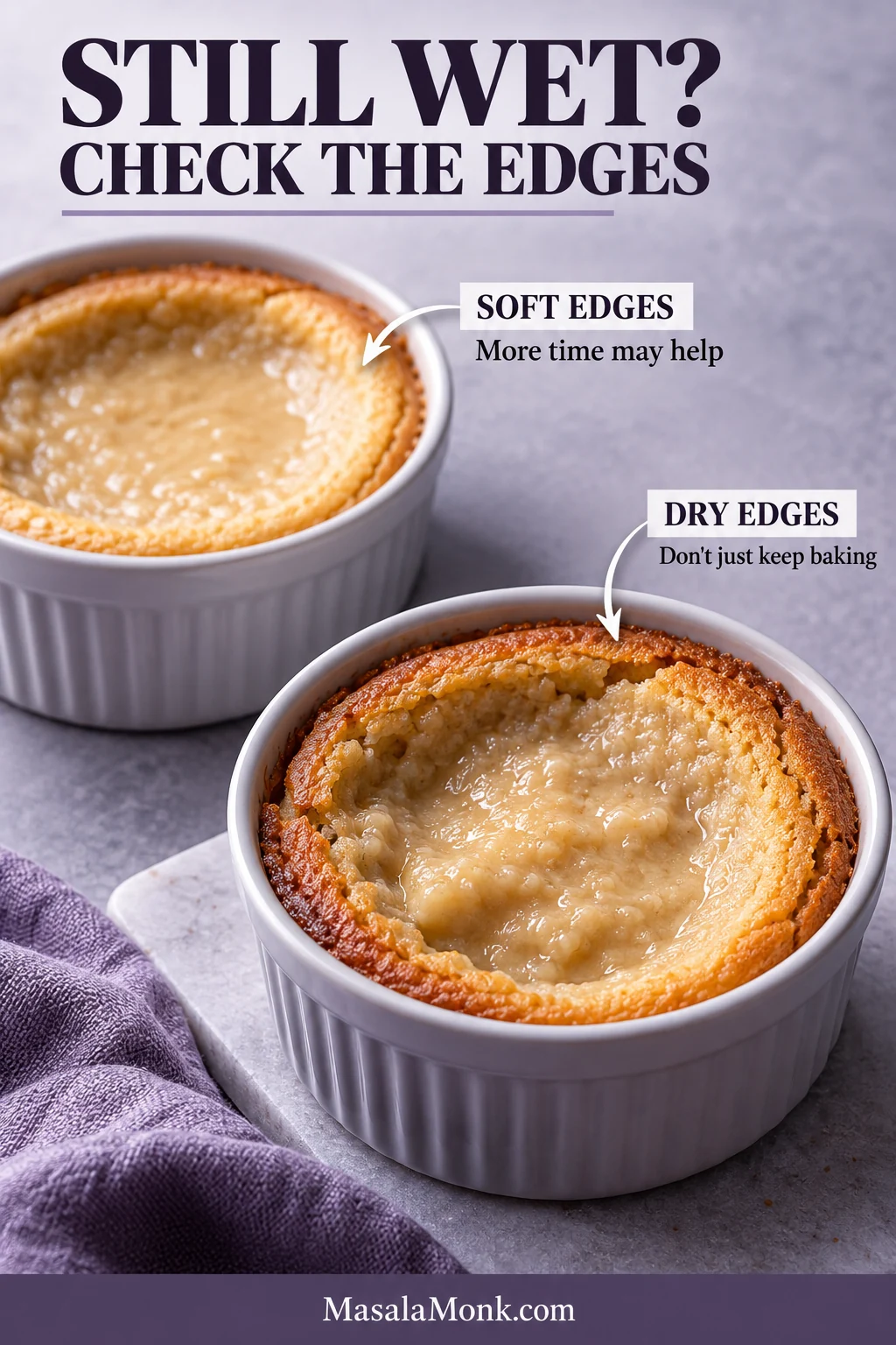 Two plain baked-oats ramekins comparing a pale soft-edged center with a browned dry-edged ramekin and a thicker sticky center.
