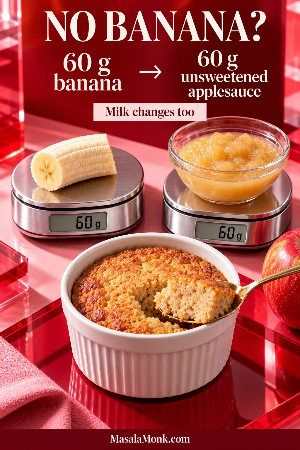 Two digital scales showing 60 g banana and 60 g unsweetened applesauce above a plain baked-oats ramekin on a red studio set.
