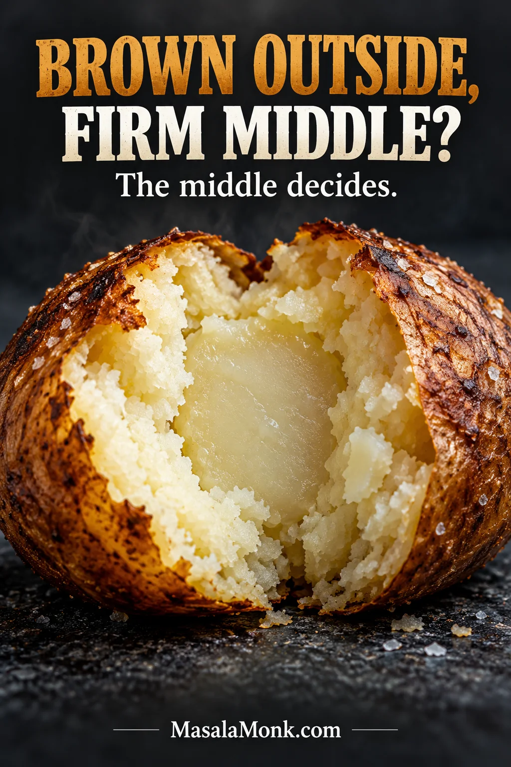 Browned baked potato opened to show cooked outer flesh surrounding a pale, dense and visibly underdone center.