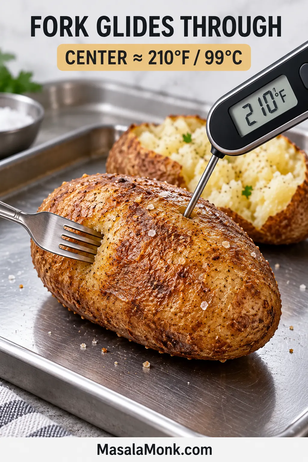 Whole baked Russet potato being checked through the thickest part with a fork and instant-read thermometer reading 210°F, with an opened fluffy potato behind it.