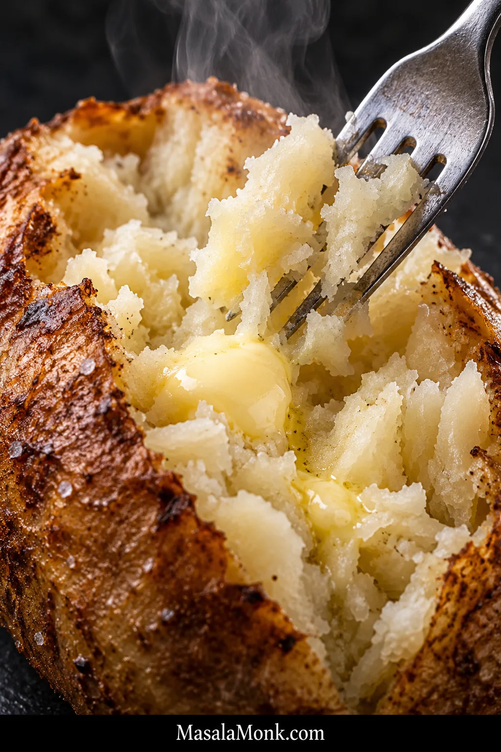 Close-up of a fork lifting and separating fluffy baked potato flesh while melted butter runs into the rough interior.