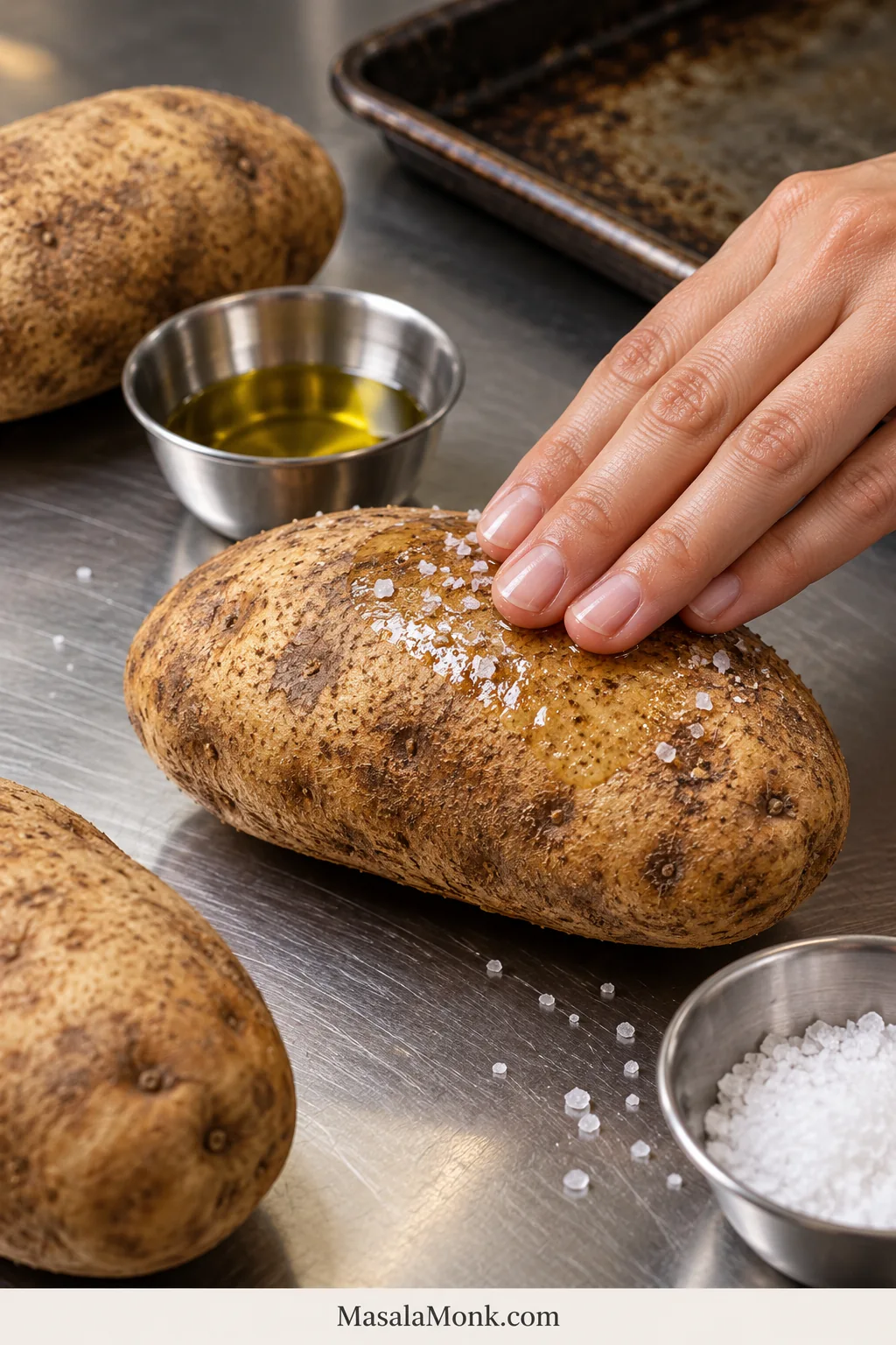 Hand rubbing a thin coating of oil and coarse salt over a raw Russet potato on a stainless-steel work surface beside a baking sheet.