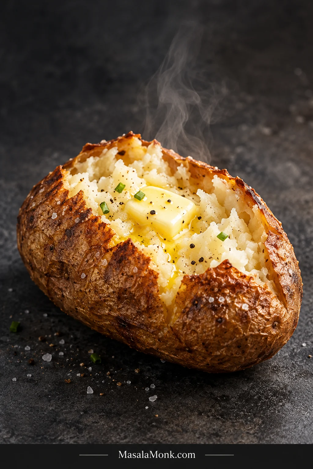 Baked Russet potato opened to reveal a fluffy white center with melting butter, black pepper and a few chives inside crisp browned skin.