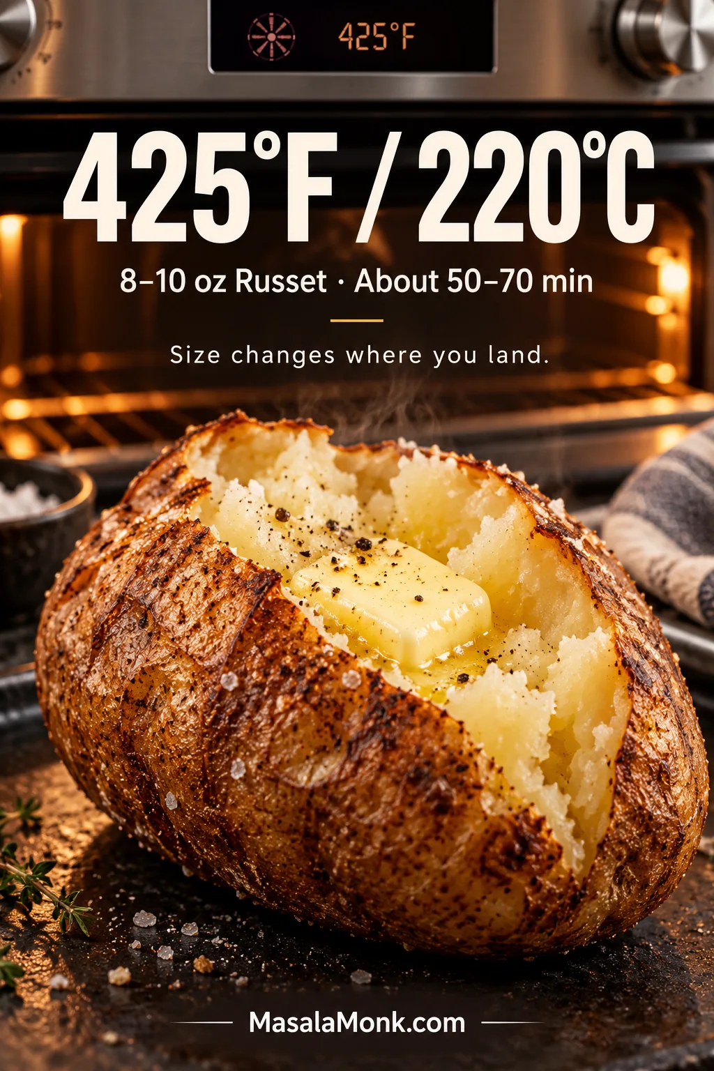 Baked Russet potato with text showing 425°F or 220°C, an 8–10 oz potato, about 50–70 minutes, and a note that size affects timing.
