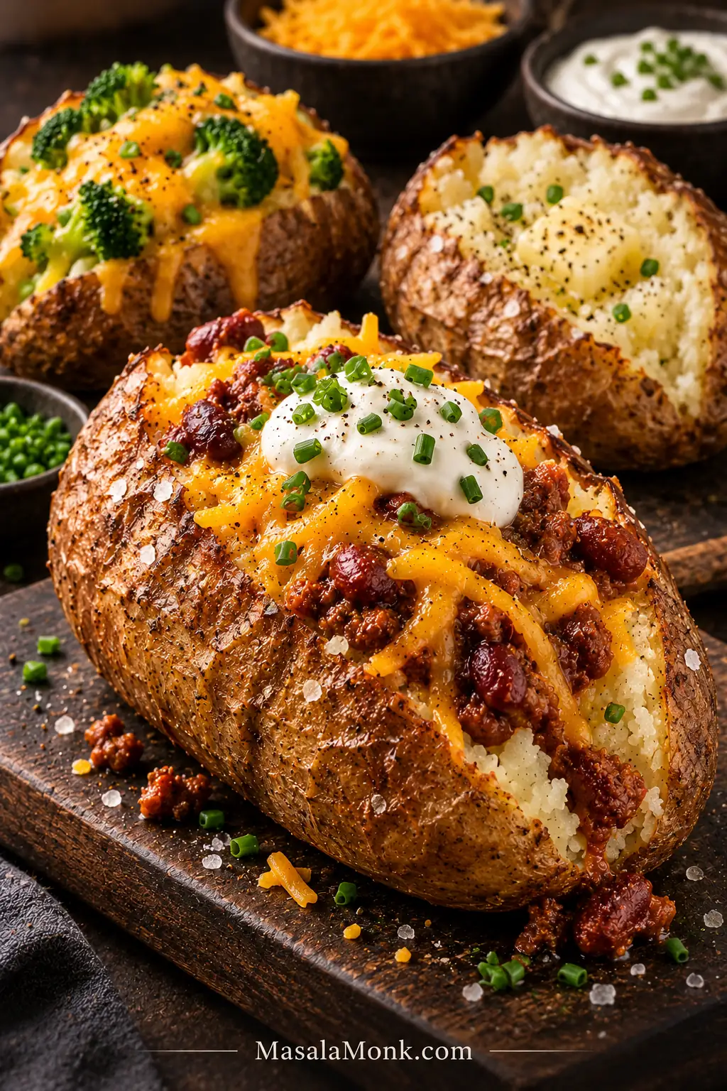 Loaded baked Russet potato topped with chili, melted cheddar, sour cream and chives, with broccoli-cheddar and buttered baked potatoes behind it.