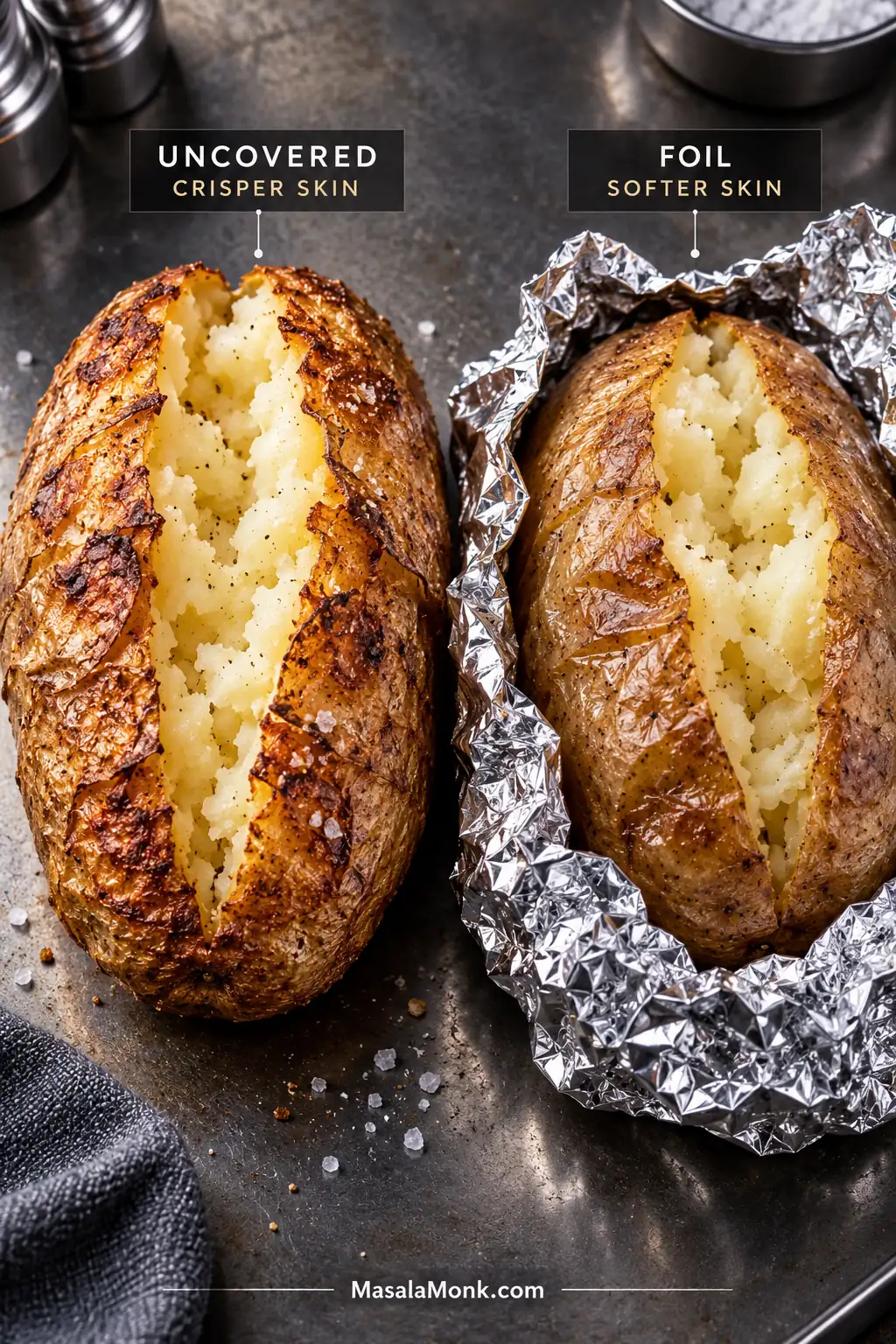 Side-by-side baked Russet potatoes comparing dry crisp uncovered skin with softer skin on a potato resting in opened aluminum foil.
