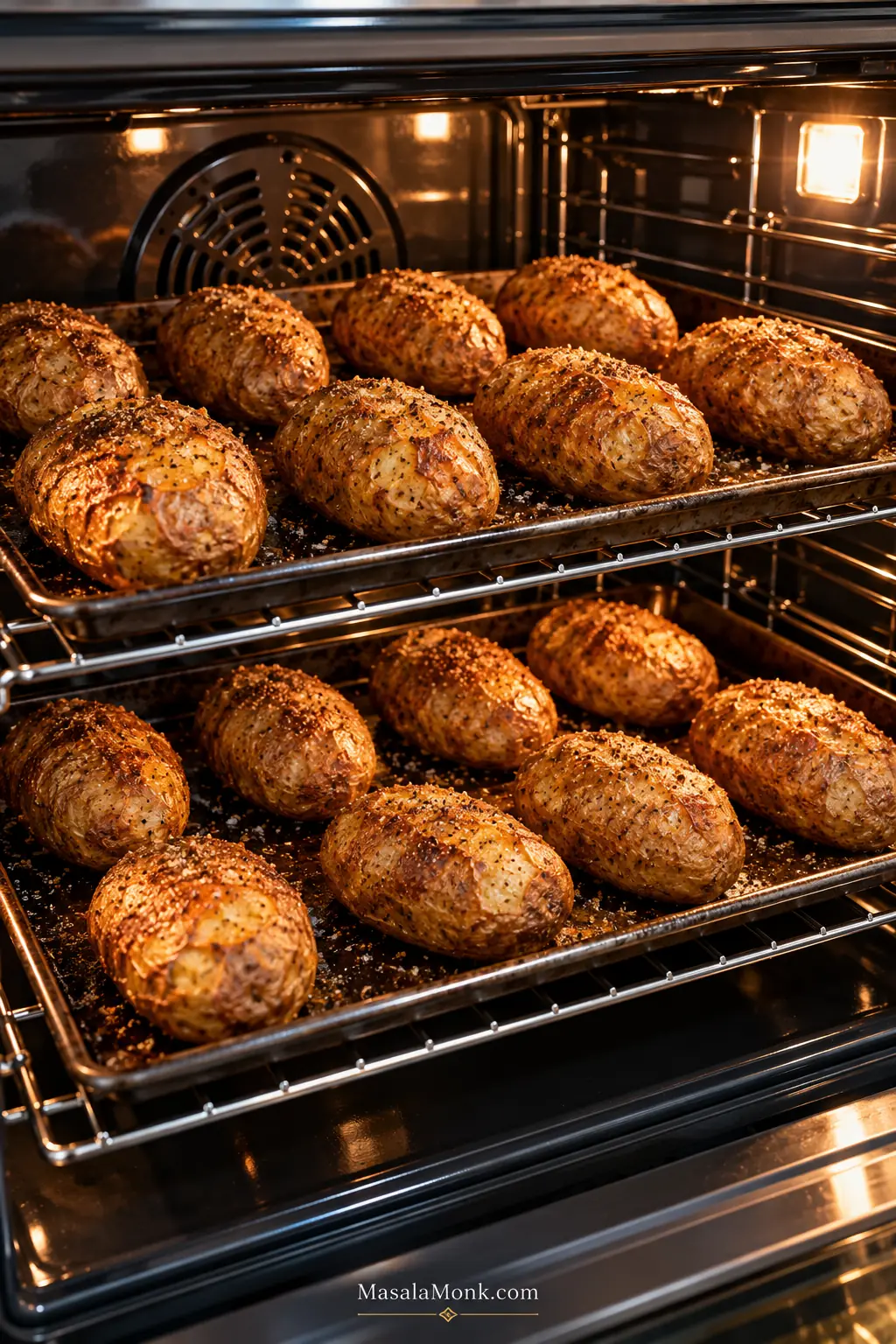 Two oven racks holding many evenly spaced Russet potatoes in single layers while baking for a large batch.