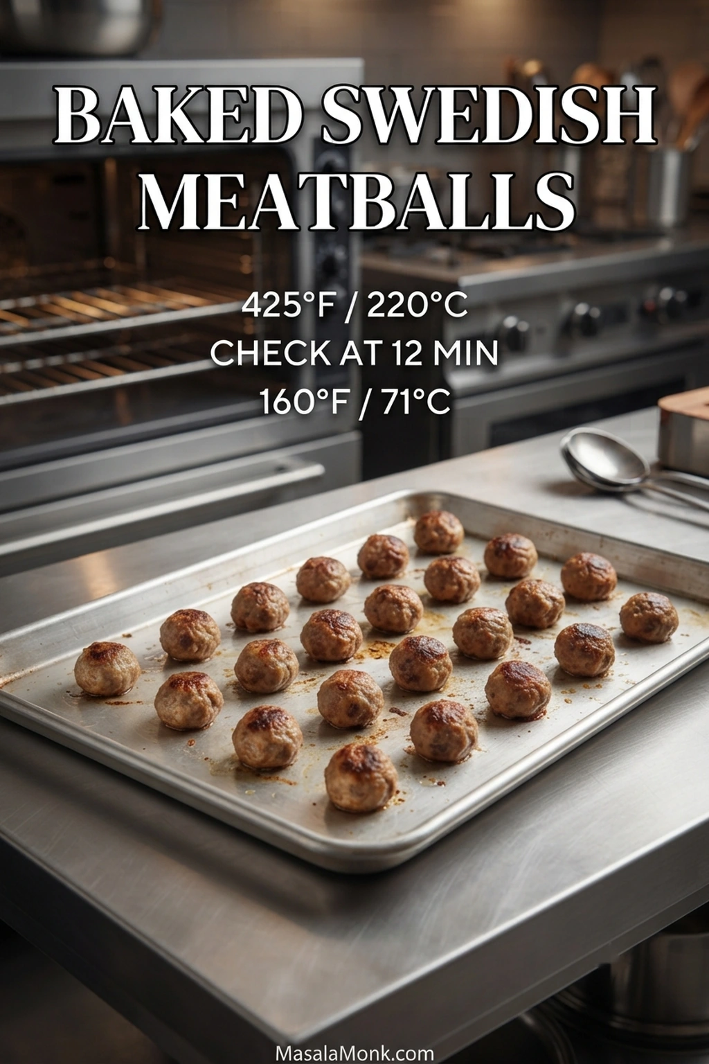 Small baked Swedish meatballs spaced across a metal sheet pan with browned surfaces.