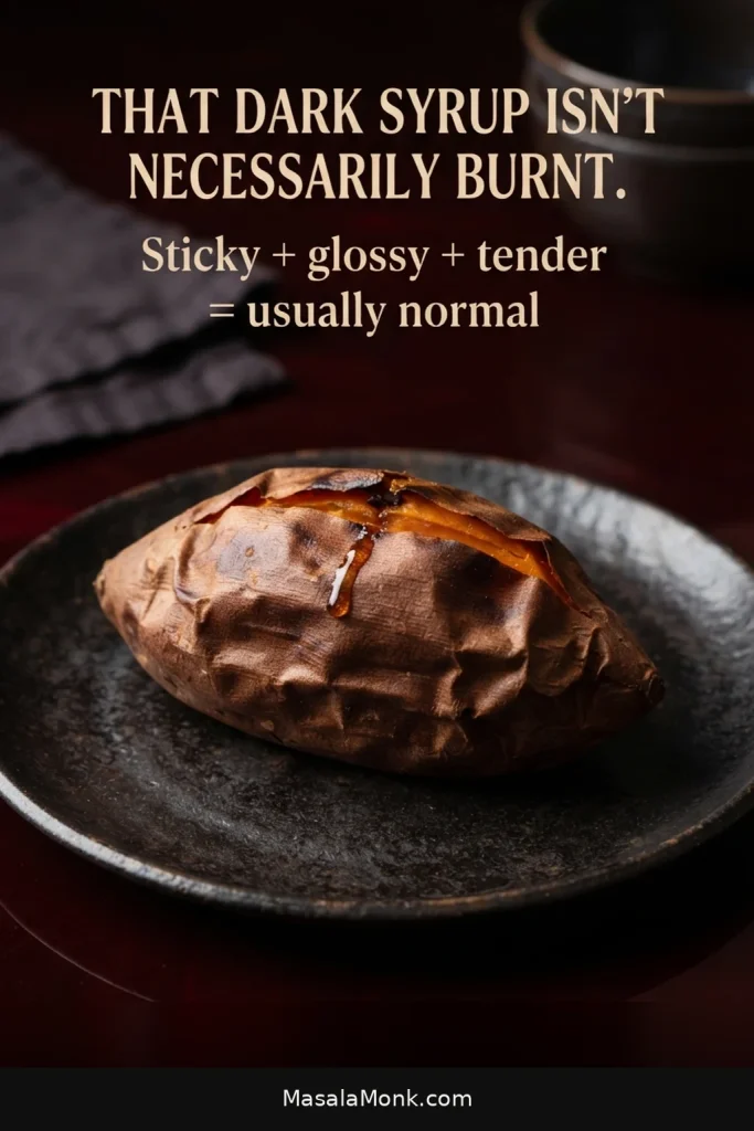 A small, glossy dark bead of syrup escaping from the skin of a baked sweet potato onto the pan.