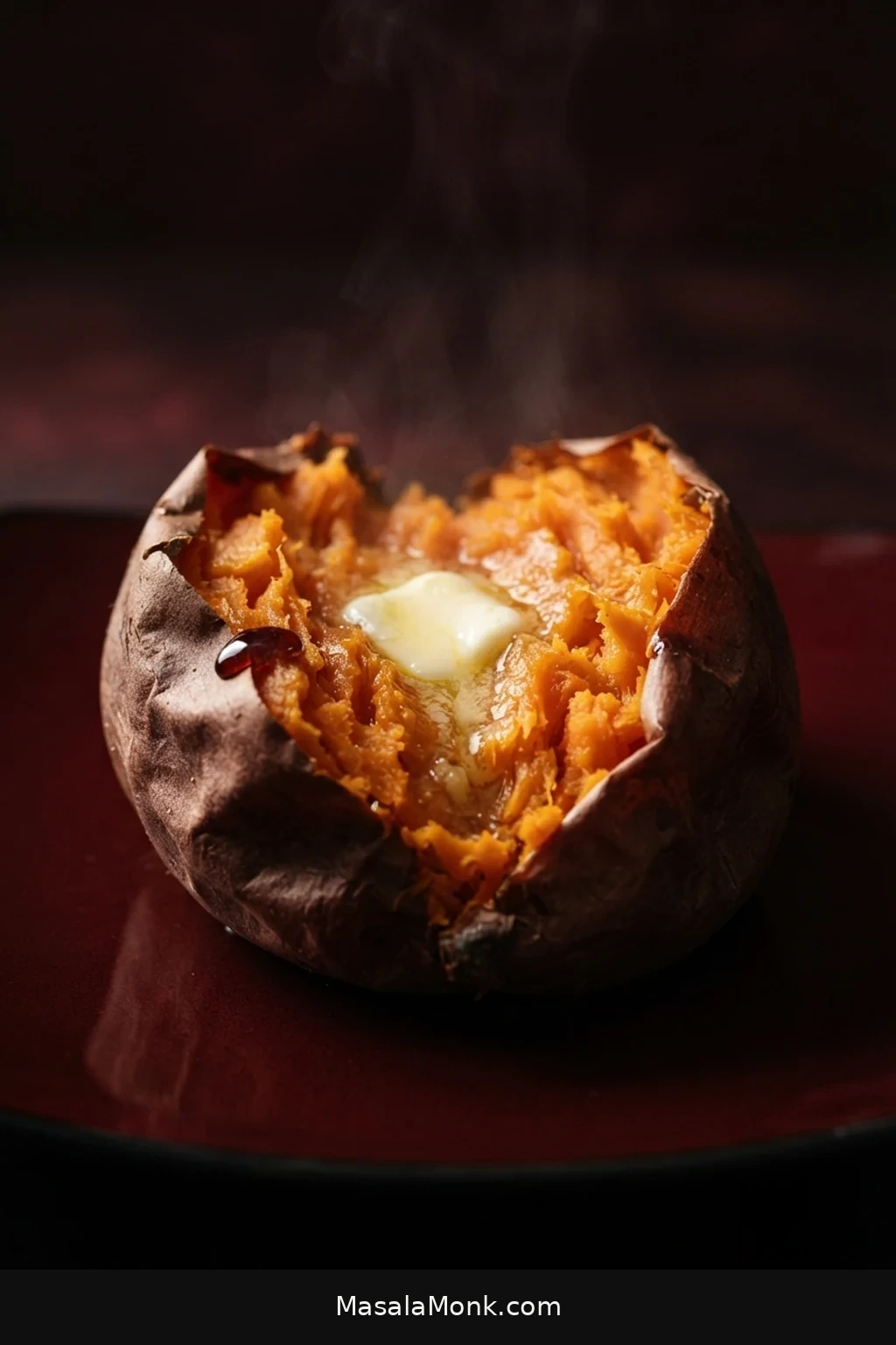 Baked sweet potato split open to reveal fluffy orange flesh, with butter melting into the center.