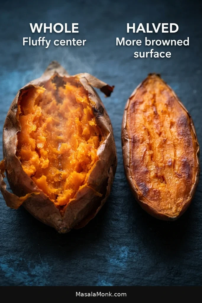 A whole baked sweet potato opened to show fluffy flesh beside a halved potato with a browned cut surface.