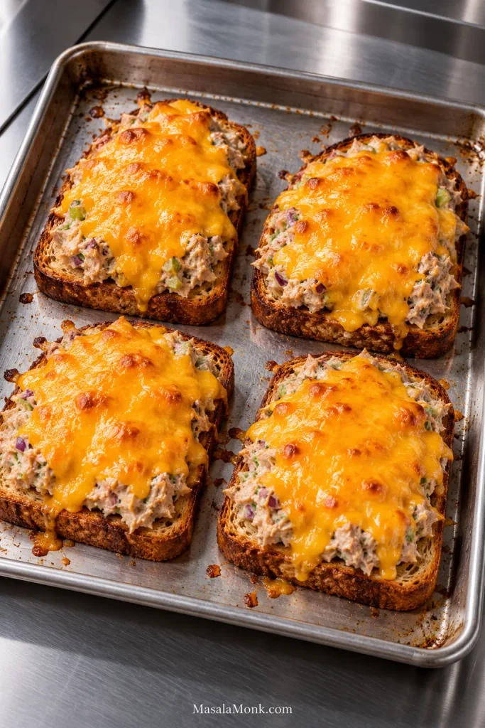 Four open-faced tuna melts with melted cheddar arranged together on a rimmed metal sheet pan.