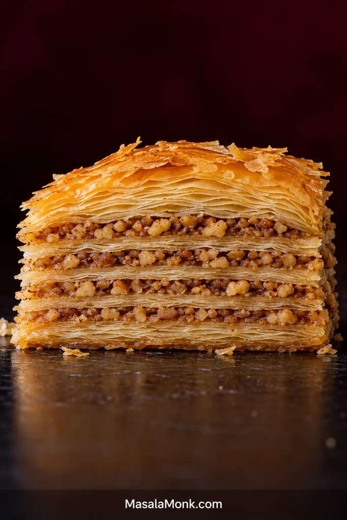 Close side view of a walnut baklava piece showing a crisp flaky top, four thin walnut strata, fine middle phyllo layers and a thicker base of layered phyllo.