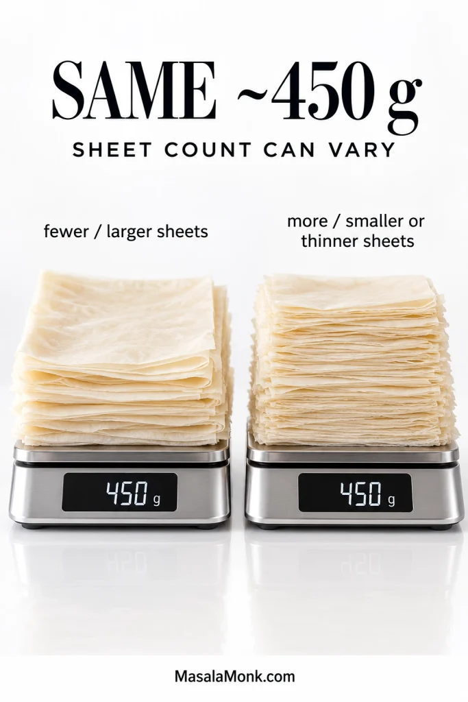 Two stacks of paper-thin phyllo on digital scales, both reading 450 grams, showing that equal-weight packages can contain different sheet counts and sheet sizes.