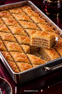 Metal tray of golden diamond-cut walnut baklava with one piece lifted on a serving spatula, revealing many thin phyllo sheets and four narrow walnut layers.