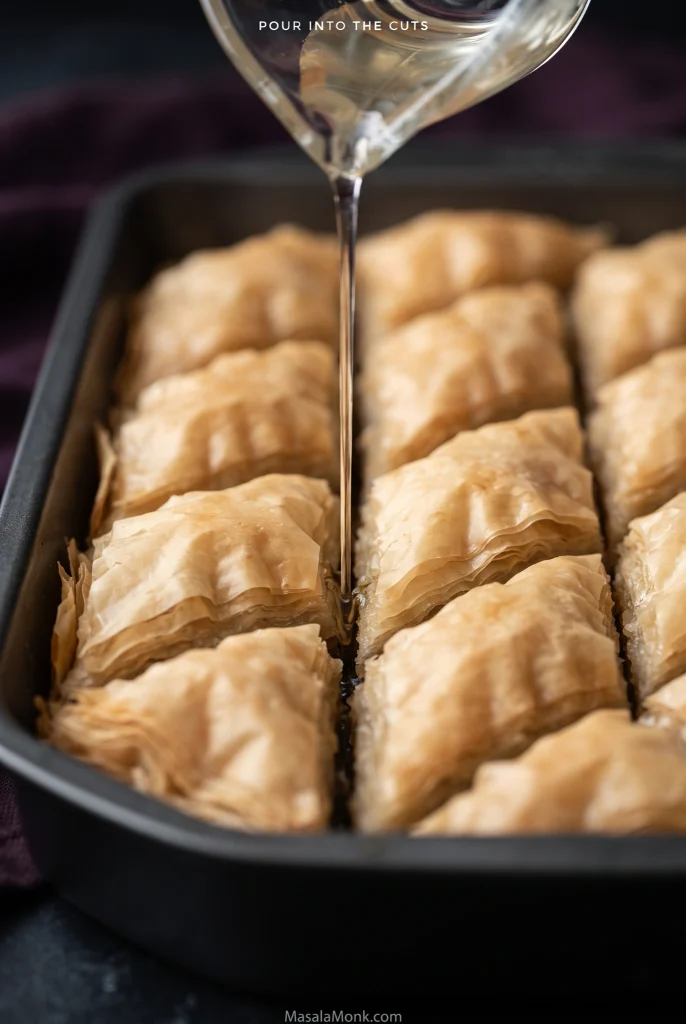 Thin stream of honey-lemon syrup being poured directly into a narrow cut seam between pieces of freshly baked walnut baklava.