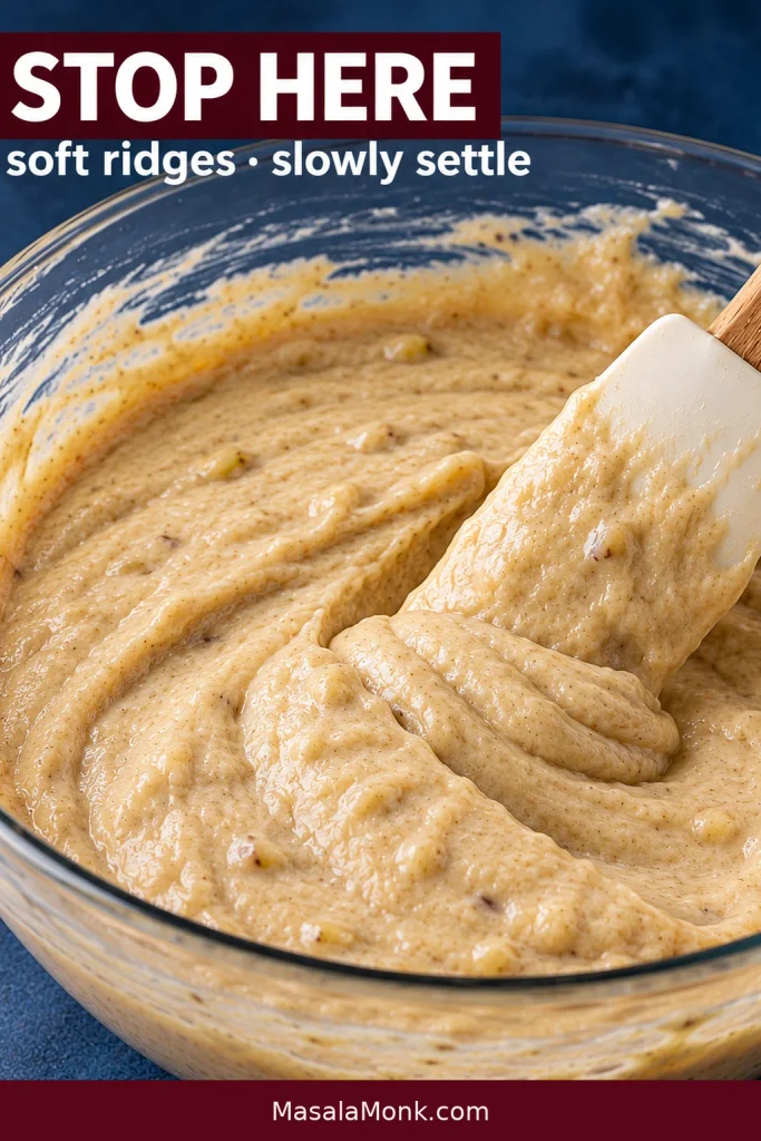 A spatula moves through thick, pale banana cake batter in a glass bowl, leaving broad soft ridges on the surface.