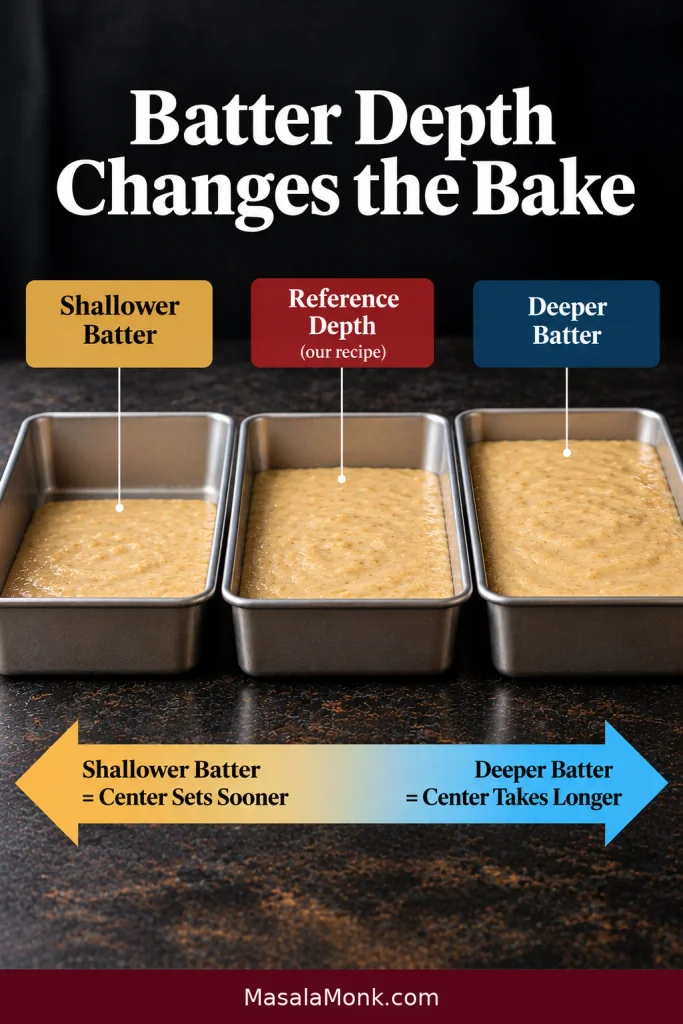 Three matching rectangular metal pans show shallow, reference, and deeper layers of banana cake batter, illustrating how batter depth affects baking.