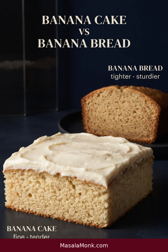 A frosted square of banana cake sits beside an unfrosted slice of banana bread, showing their different formats and crumb structures.