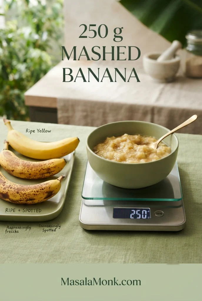 Digital kitchen scale showing 250 g of mashed banana in a bowl, with three ripe bananas beside it.