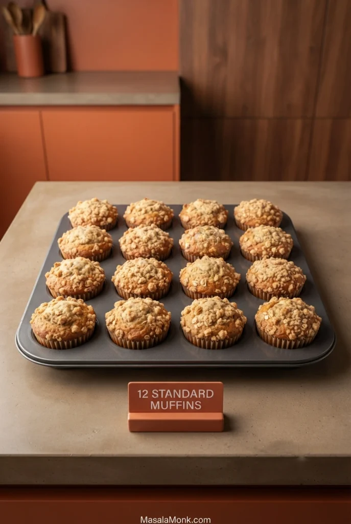 Twelve baked banana oatmeal muffins arranged in a standard 12-cup muffin pan.