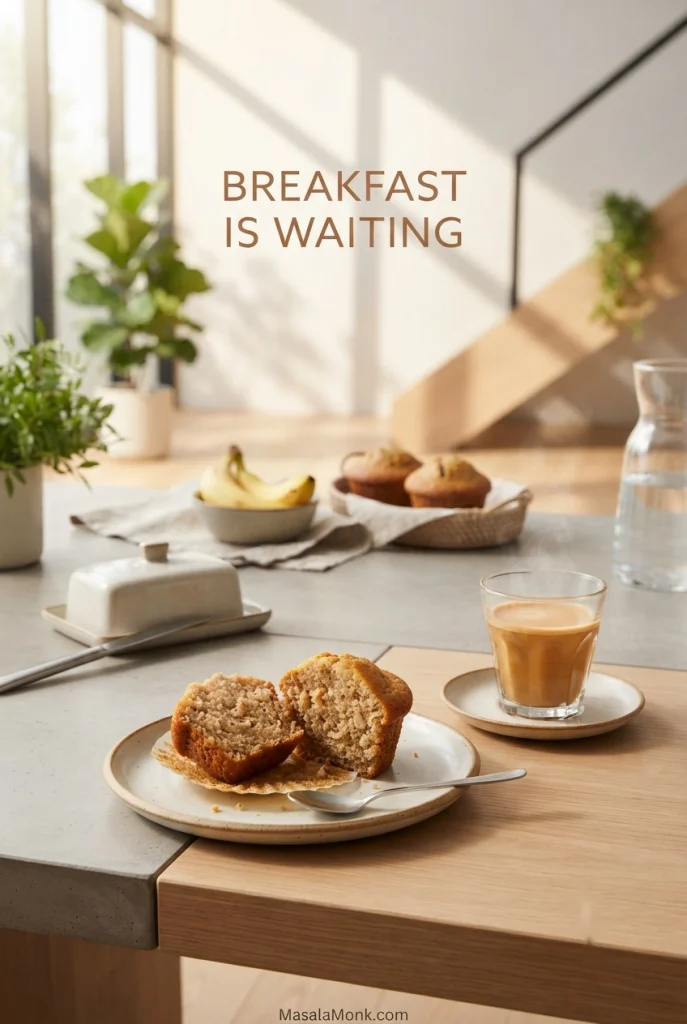 Split banana oatmeal muffin on a breakfast plate beside coffee, with more muffins and a ripe banana on the table.