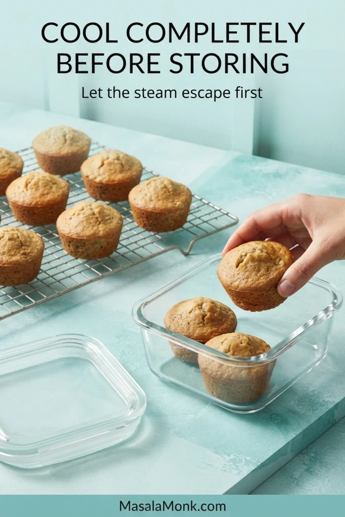 Banana oatmeal muffins cooling on a wire rack beside an open glass storage container as one muffin is placed inside.