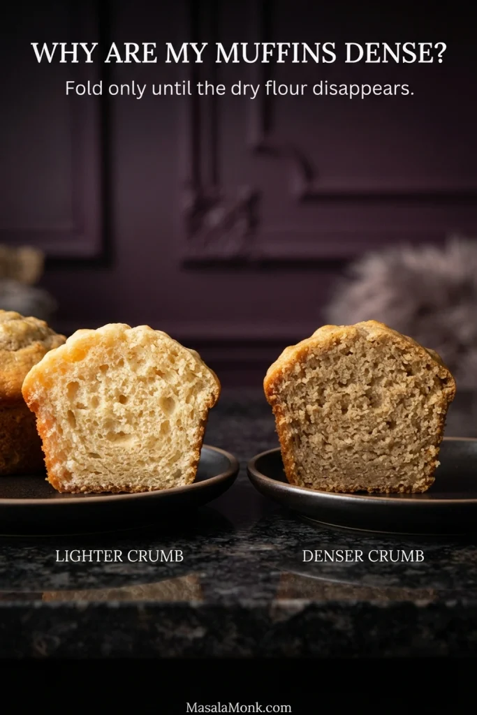 Two cut banana oatmeal muffins compared side by side, showing a lighter open crumb and a darker tight dense crumb.