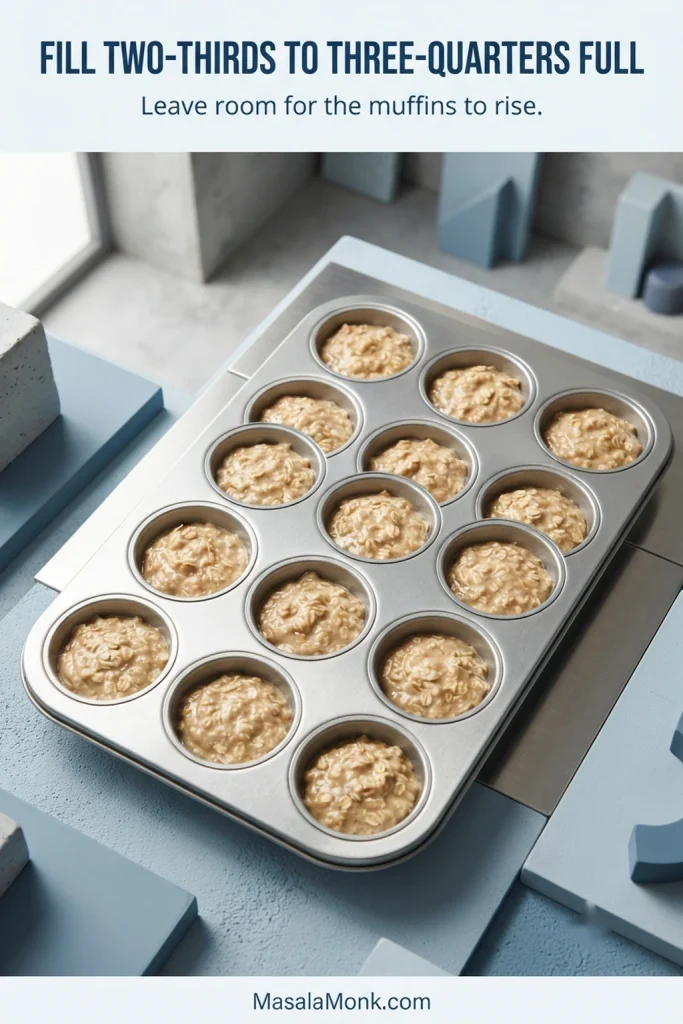 Standard 12-cup muffin pan with banana oatmeal batter portioned about two-thirds to three-quarters full in each cup.