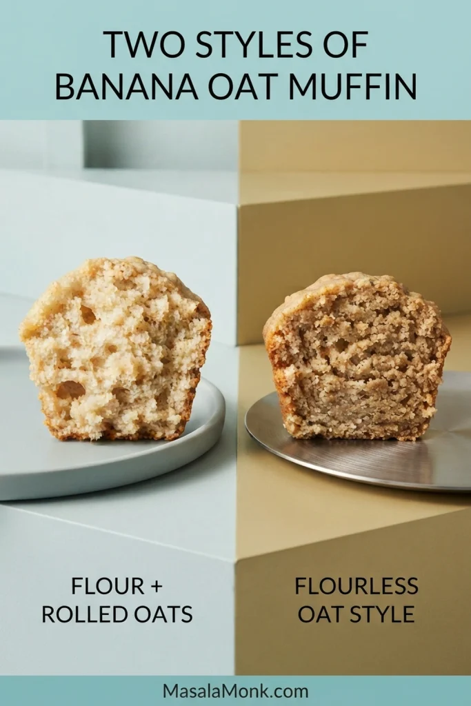 Two cut banana oat muffins side by side, one made with flour and rolled oats and one shown as a flourless oat-style muffin, with visibly different crumbs.