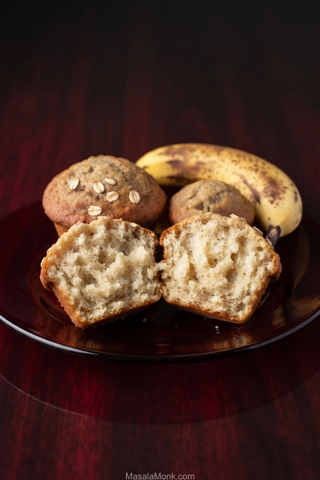 Two banana oatmeal muffins split open on a dark plate, showing a pale tender crumb, with two whole muffins and a spotted ripe banana behind them.