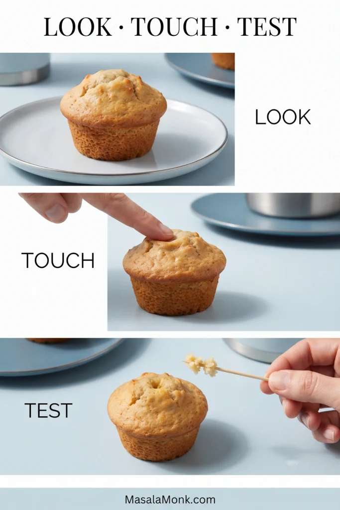 Three-step muffin doneness graphic showing a set muffin top, a finger pressing the center, and a toothpick testing for wet batter.