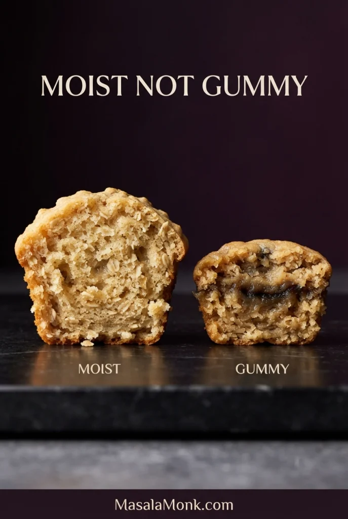 Two cut banana oatmeal muffins compared side by side, one with an open moist crumb and one with a darker compressed gummy center.