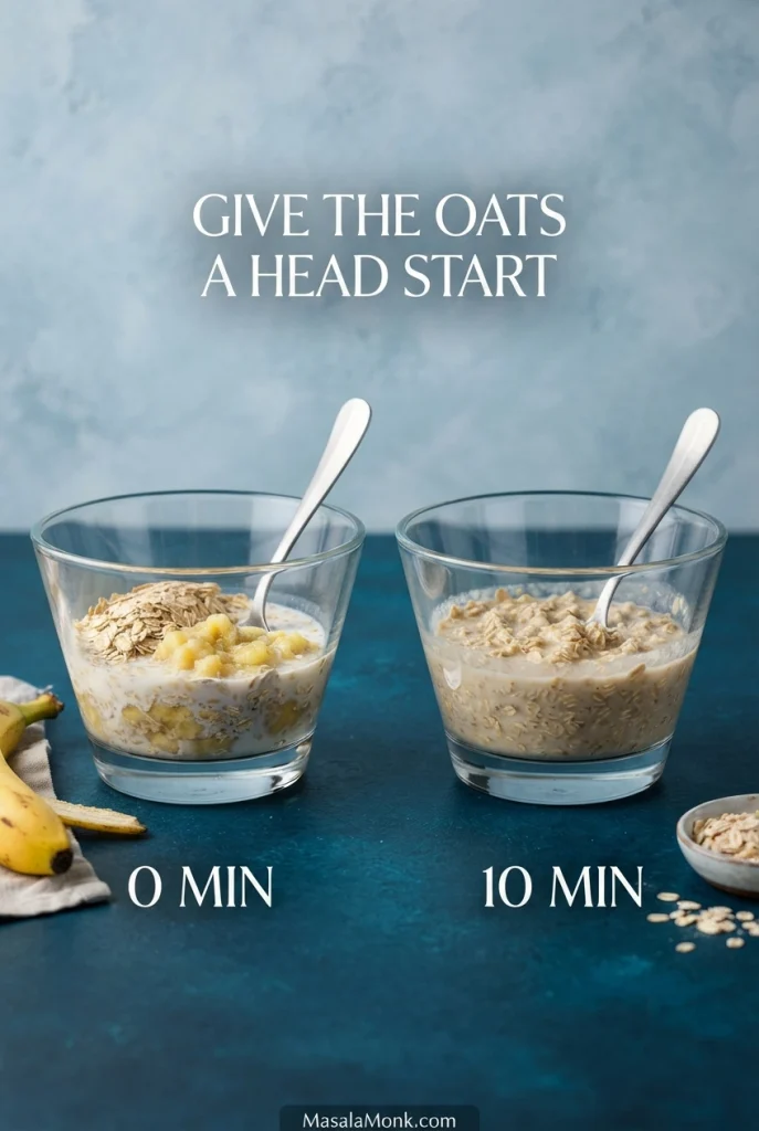Two glass cups of rolled oats with banana and milk, shown immediately after mixing and after a 10-minute rest.