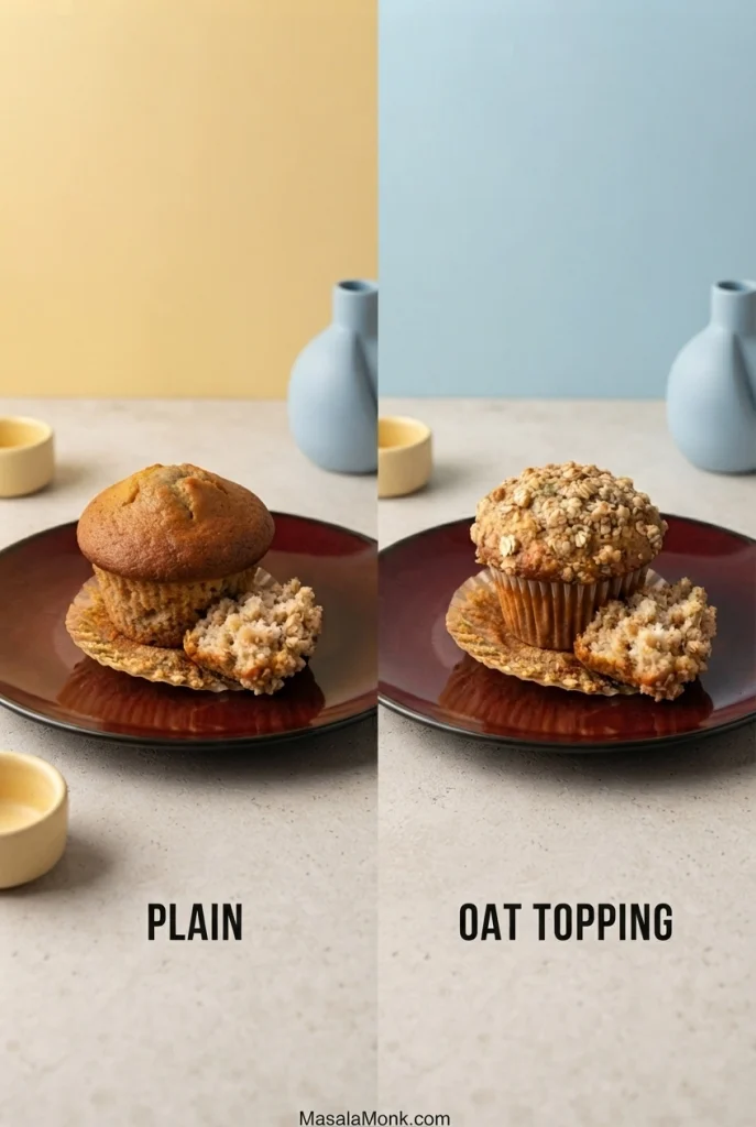 Two banana oatmeal muffins side by side, one plain and one topped with buttery rolled oats.