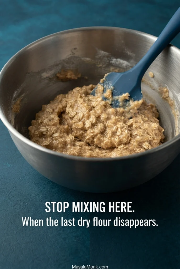Banana oat muffin batter in a stainless steel bowl with a spatula, showing visible oats and a few small lumps at the point to stop mixing.
