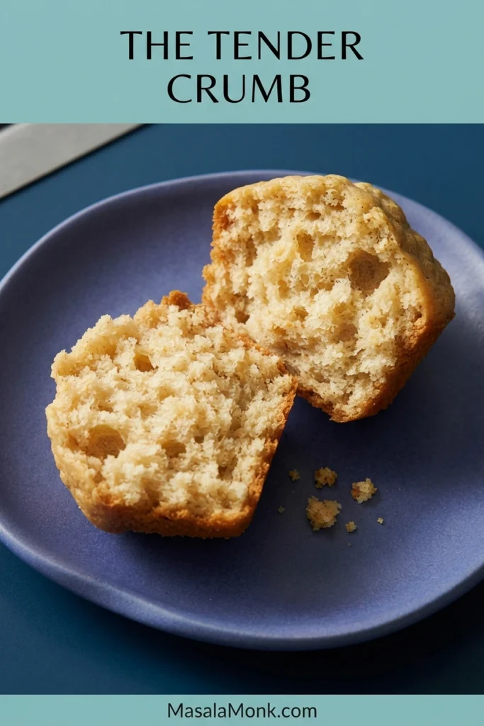 Banana oatmeal muffin split open on a blue plate, revealing a soft golden crumb with small oat flecks.