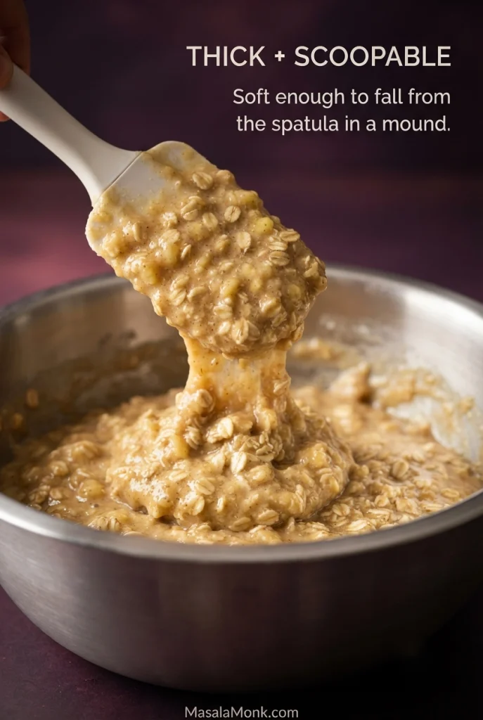 Spatula lifting thick banana oatmeal muffin batter above a metal bowl, with visible rolled oats and batter falling back in a soft mound.